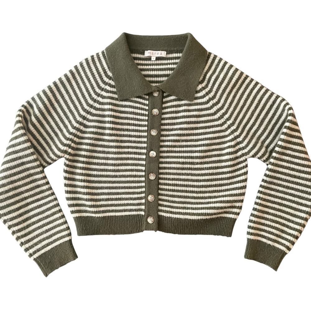 Marea by Liz Joy Coastal Stripe Cardigan Olive Green Small EUC